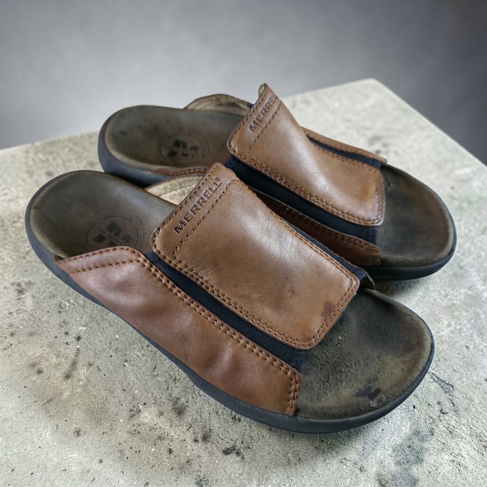 Merrell Leather Earth Brown Slide Sandals Mens Size 9 Slip On Shoes